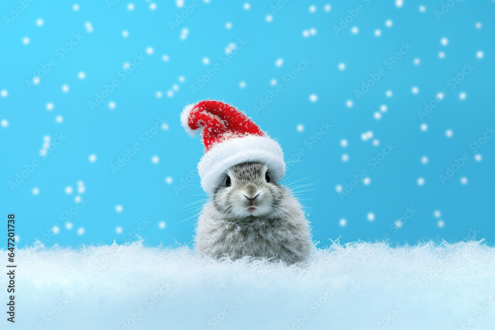 Rabbit with Christmas outfit with blue snowy background, Generative ai