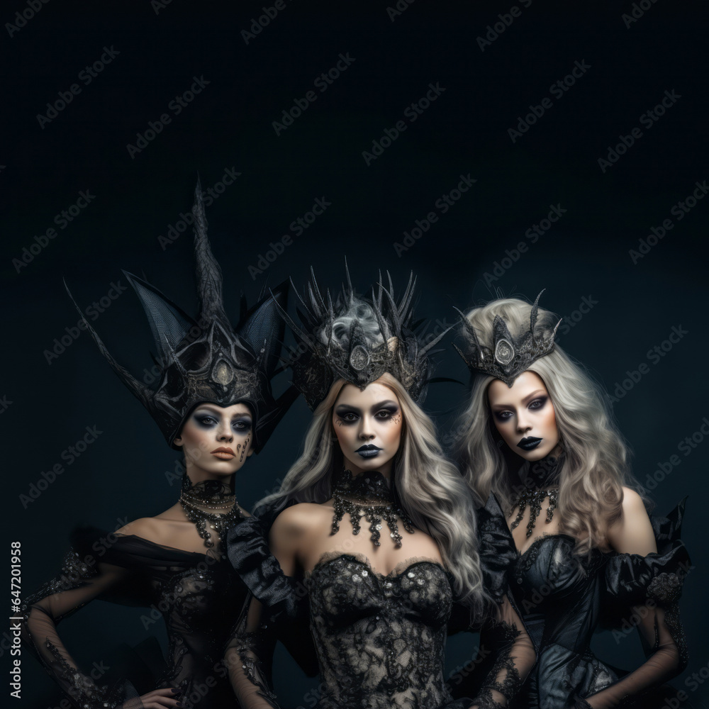 Three beauyiful models with painted faces in dark princess costumes with crowns. Fantasy style.