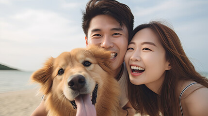 Face, dog and love with a Asian couple on the beach during summer walking their pet for fun or recreation together. Portrait, happy and smile with a man, woman and pet golden retriever outdoor