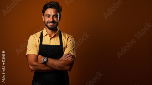 Portrait of a handsome indian barista standing with arms crossed against brown background.