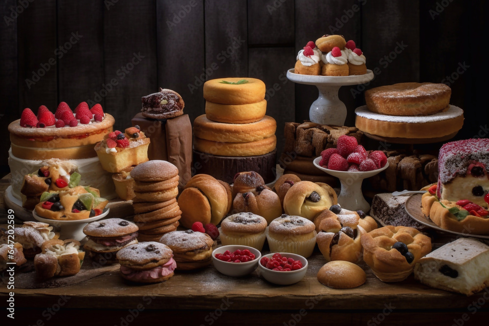 Various sweet pastries. Dessert buffet. Cupcakes and cakes in assortment. A store of freshly baked desserts.