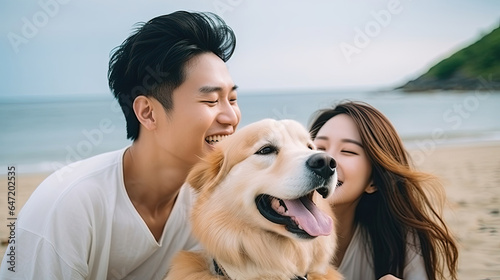 Face, dog and love with a Asian couple on the beach during summer walking their pet for fun or recreation together. Portrait, happy and smile with a man, woman and pet golden retriever outdoor © Sasint