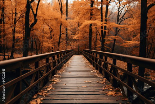 an wooden wood bridge in fall with some leaves on it, generative ai  © vvalentine