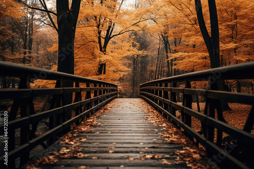 an wooden wood bridge in fall with some leaves on it, generative ai 
