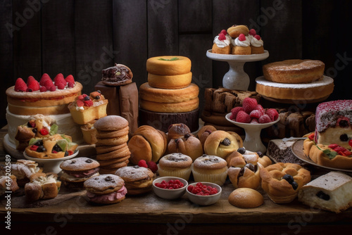 Various sweet pastries. Dessert buffet. Cupcakes and cakes in assortment. A store of freshly baked desserts.