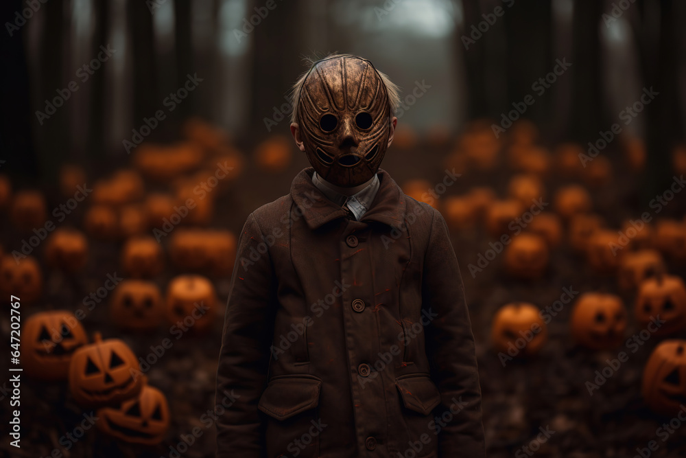 boy in a creepy halloween mask in the forest, generative ai boy in a creepy halloween mask in the forest, generative ai