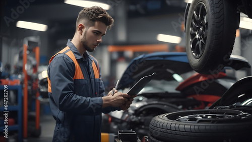 Car mechanic technician holding clipboard and checking to maintenance vehicle. AI generated.