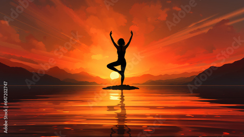 Female in yoga position in sunset sky