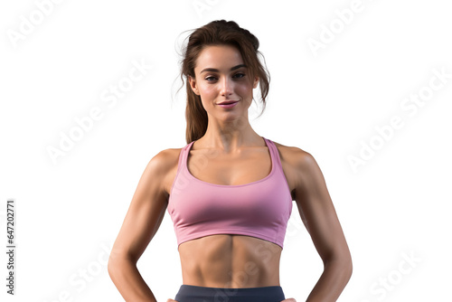 gentle smiling sports woman in workout training clothes with fitness and slim fit body, png isolated on white transparent background
