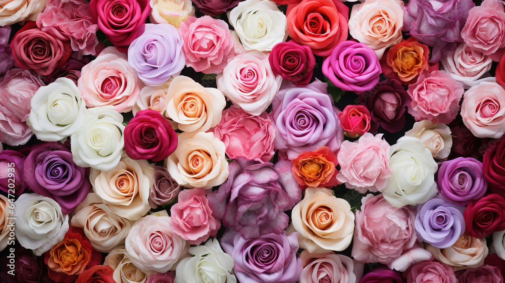 close up of dozens of roses in different colors, generative ai 