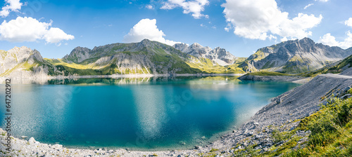 Panorama of Lunersee in the heart of the Raetikon Mountains, Vorarlberg, Austria Europe. Bludenz
