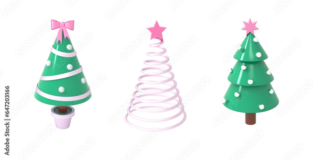 Happy New Year and Merry Christmas trees with toys. A set of Christmas icons. The concept of holyday decorations. 3d render illustration. Happy New Year and Merry Christmas trees with toys. A set of Christmas icons. The concept of holyday decorations. 3d render illustration.