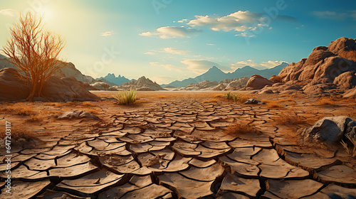 desert field with cracked rock and dry leaves, generative ai