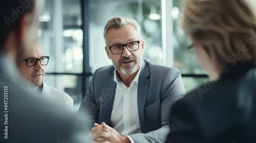 Senior businessman having a discussion with his team in an office. generative AI