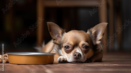Front view image of brown Chihuahua dog lying down by the bowl of dog food and ignoring it. Sad or sick chihuahua dog get bored of food. pet's health and pet's behavior. © Sasint