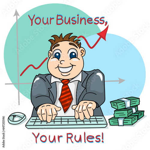 cartoon businessman in a business suit and tie is happy, his business is going well