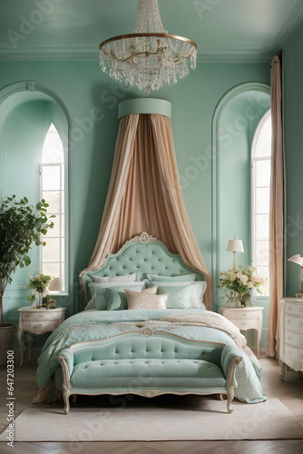 French country style interior design of modern bedroom with light blue color wall. Image created using artificial intelligence.
