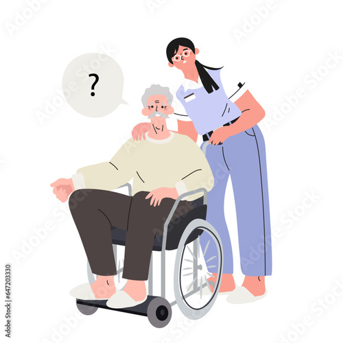 An elderly man with Alzheimer’s disease and question mark in an invalid chair with a nurse taking medical care as he has problems with memory, thinking and behavior because of his dementia.