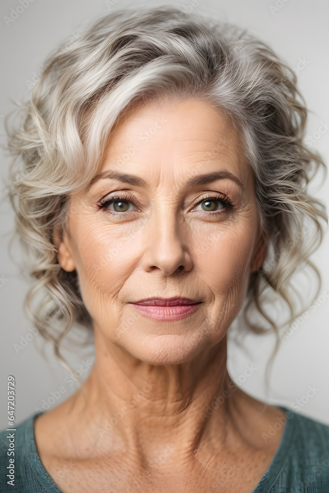 Naklejka premium Beautiful gorgeous 50s mid aged mature woman looking at camera isolated on white. Image created using artificial intelligence.