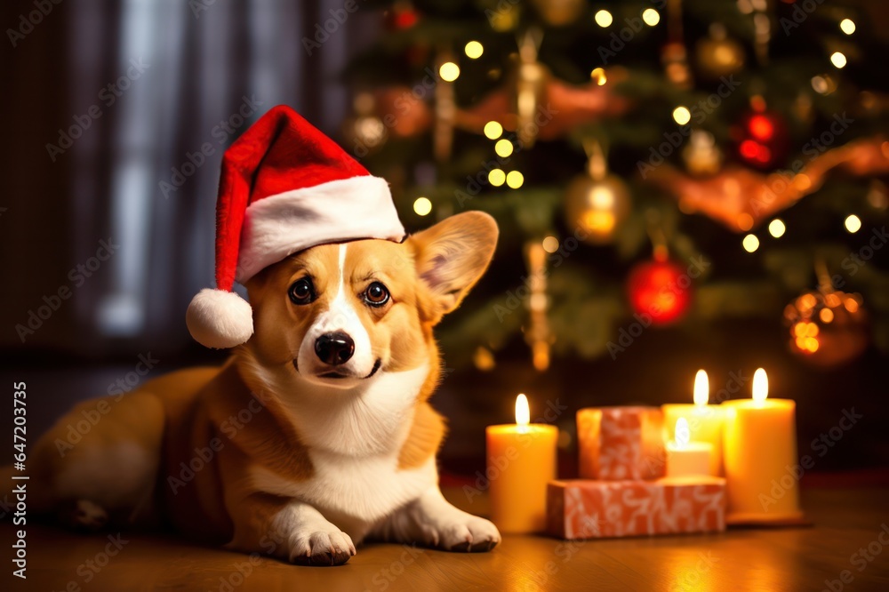 Cute corgi Pembroke dog in Santa hat near candles, gifts and Christmas tree at home.