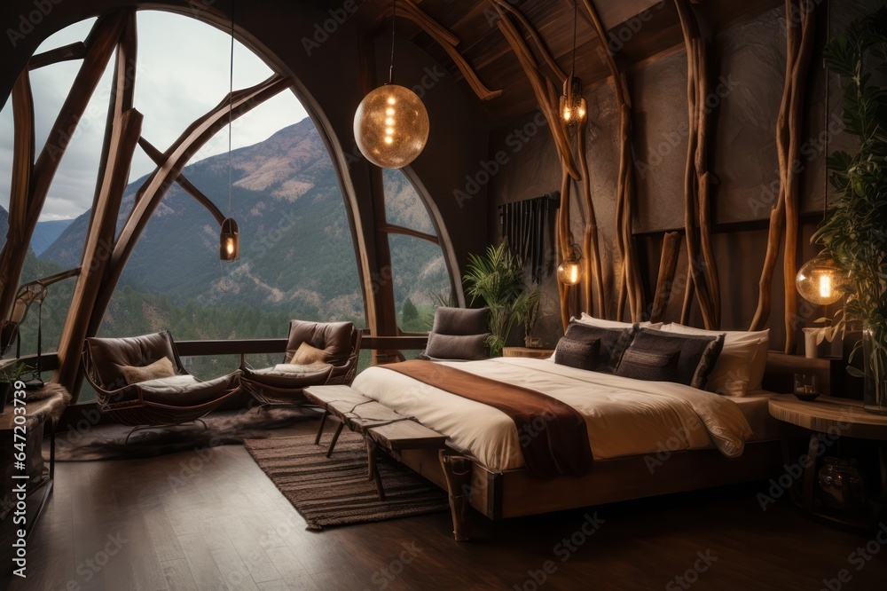 eco boho interior of a hotel room with mountain view