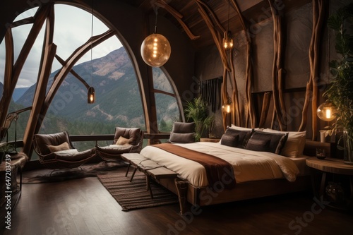 eco boho interior of a hotel room with mountain view