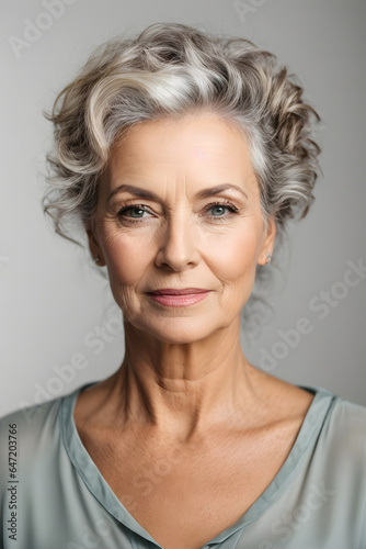 Beautiful gorgeous 50s mid aged mature woman looking at camera isolated on white. Image created using artificial intelligence.