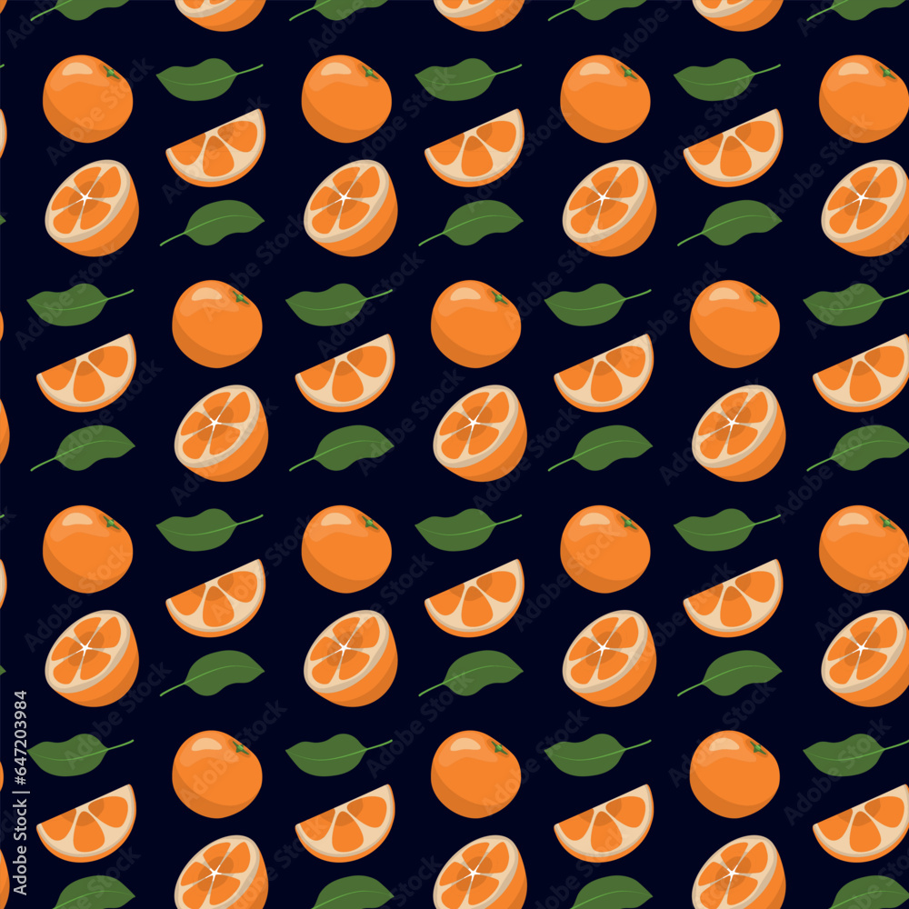 Pattern with orange and leaves on a dark blue background Pattern with orange and leaves on a dark blue background