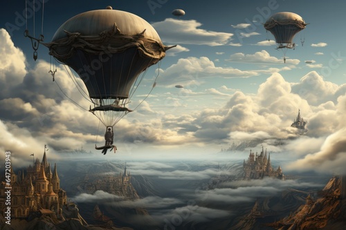 hot air balloon over mountains in the sky with clouds surreal illustration. Surrealism travel poster. 