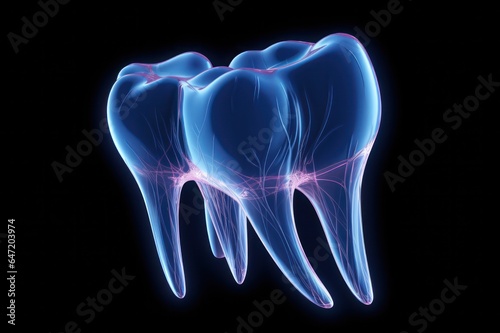 neon tooth 3d mesh illustration. Blue glowing dentist clinic medical poster.