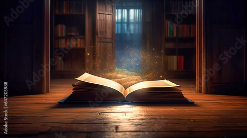 Book Opened by Light Emerging from Bookshelf - Illuminating Knowledge