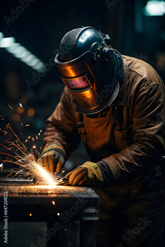 Welder is welding metal, industry them bokeh and dark sparkle background. Image created using artificial intelligence.