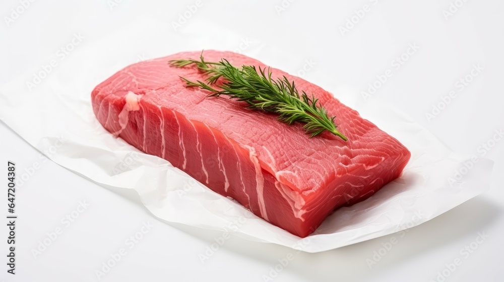 Fillet of tuna meat isolated on white background. Generative AI technology.
Fillet of tuna meat isolated on white background. Generative AI technology.