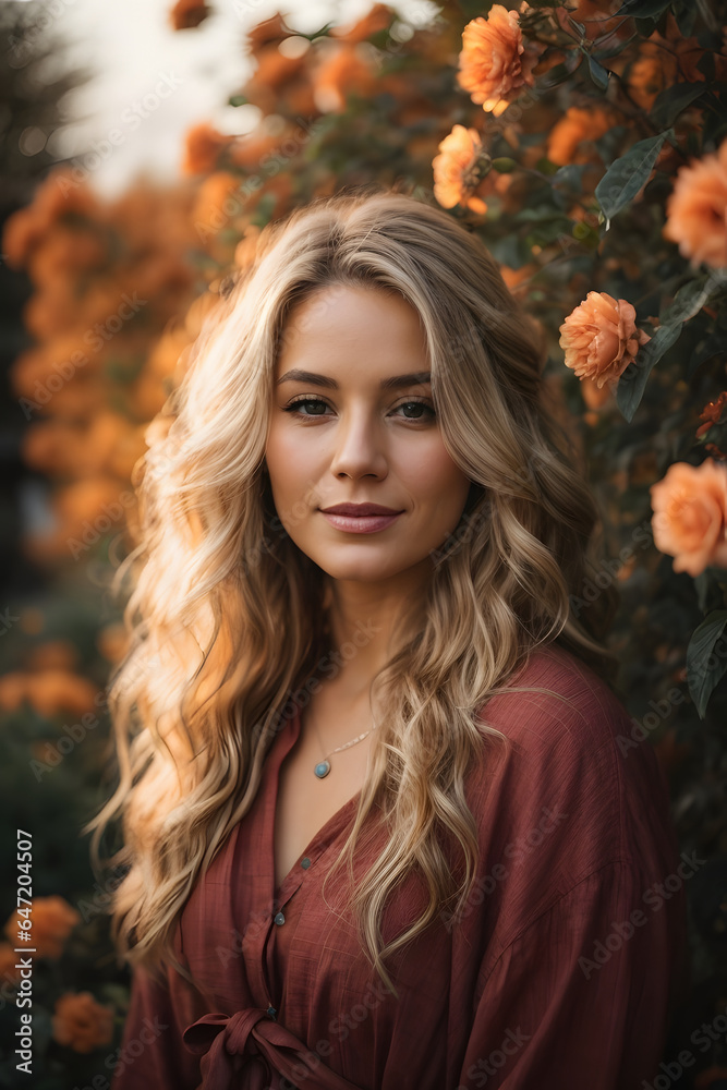 Beautiful gorgeous 20 aged woman with blonde long hair in a flower garden during late autumn sunset. Image created using artificial intelligence. Beautiful gorgeous 20 aged woman with blonde long hair in a flower garden during late autumn sunset. Image created using artificial intelligence.