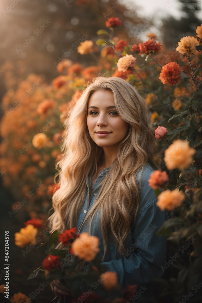 Beautiful gorgeous 20 aged woman with blonde long hair in a flower garden during late autumn sunset. Image created using artificial intelligence. Beautiful gorgeous 20 aged woman with blonde long hair in a flower garden during late autumn sunset. Image created using artificial intelligence.