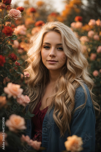 Beautiful gorgeous 20 aged woman with blonde long hair in a flower garden during late autumn sunset. Image created using artificial intelligence.