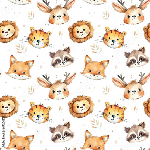 Watercolor seamless pattern with cute cartoon animal heads