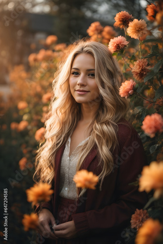 Beautiful gorgeous 20 aged woman with blonde long hair in a flower garden during late autumn sunset. Image created using artificial intelligence. © kapros76