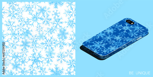 Modern smartphone in unique case decorated winter snowflakes. Six pointed fluffy snowflakes symbol of winter weather. Isometric top view. Vector ornament for design of posters and accessory