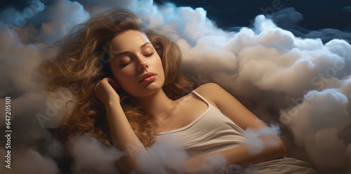 a beautiful woman lying down on a cloud