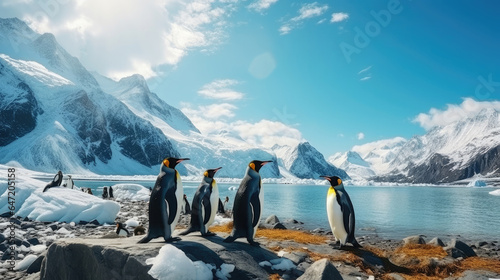 Group of king penguins on South Georgia Island Antarctica  sky and ice mountain background