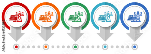 Solar panel, clean energy, power vector icon set, flat design infographic template, set pointer concept icons in 5 color options for webdesign and mobile applications