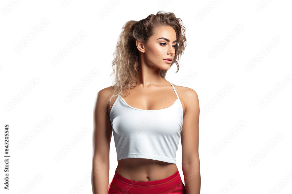 elegant sports woman in workout training clothes with fitness and slim fit body, png isolated on white transparent background - obrazy, fototapety, plakaty 