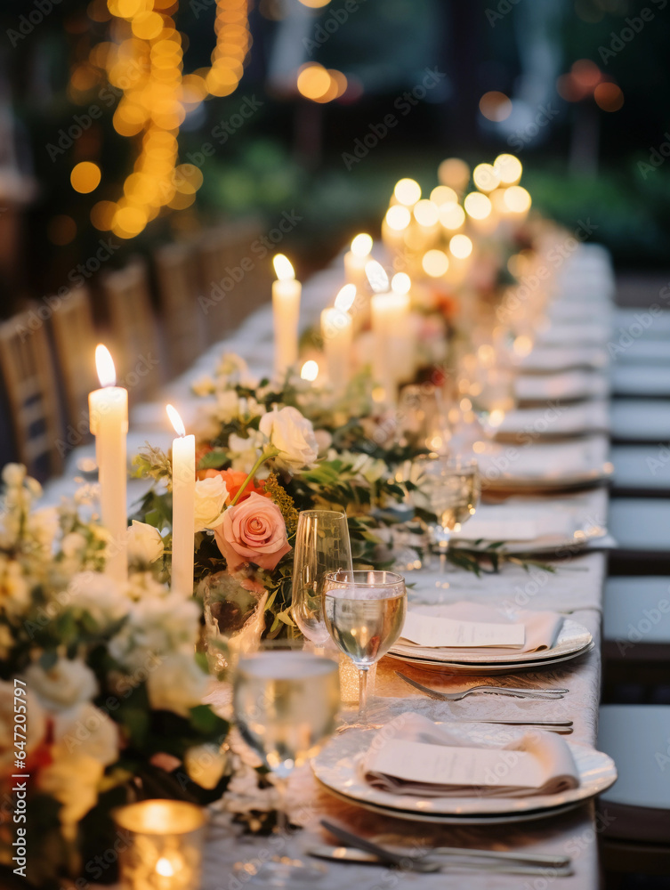 Reception table setup, micro wedding, elegant china, floral arrangements, candlelight, shallow depth of field Reception table setup, micro wedding, elegant china, floral arrangements, candlelight, shallow depth of field