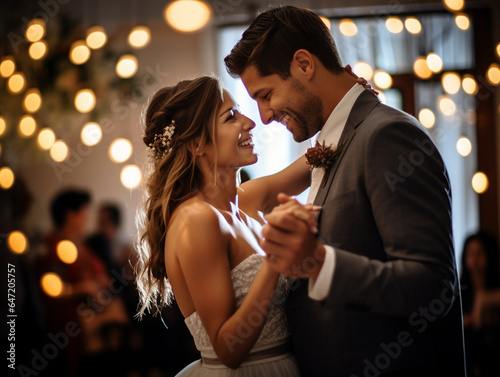Bride and groom first dance, micro wedding, indoor venue, string lights, emotional moment