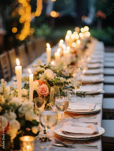 Reception table setup, micro wedding, elegant china, floral arrangements, candlelight, shallow depth of field