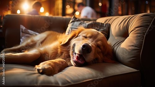 Golden Retriever sleeping peacefully on the couch.