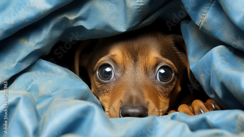 Scared dog hiding with a fearful expression.
