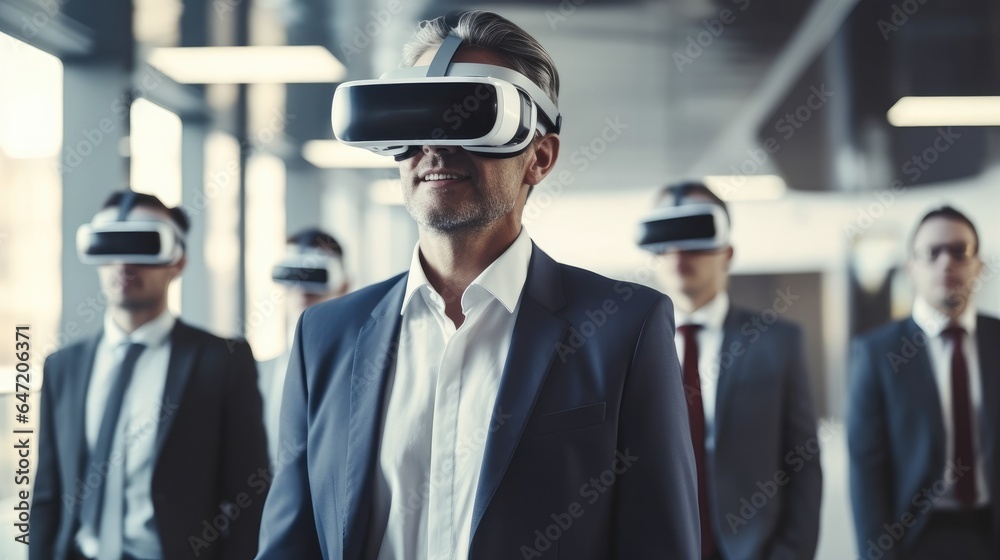 Businessman wearing VR glasses with team, Technology VR virtual with business software development team testing experience while using VR device together. Businessman wearing VR glasses with team, Technology VR virtual with business software development team testing experience while using VR device together.