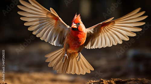 Fully Splayed Wings In Motion, A Northern Cardinal Male Taking Flight Creating A Slight Motion Blur, Cardinalis cardinalis © Sasint